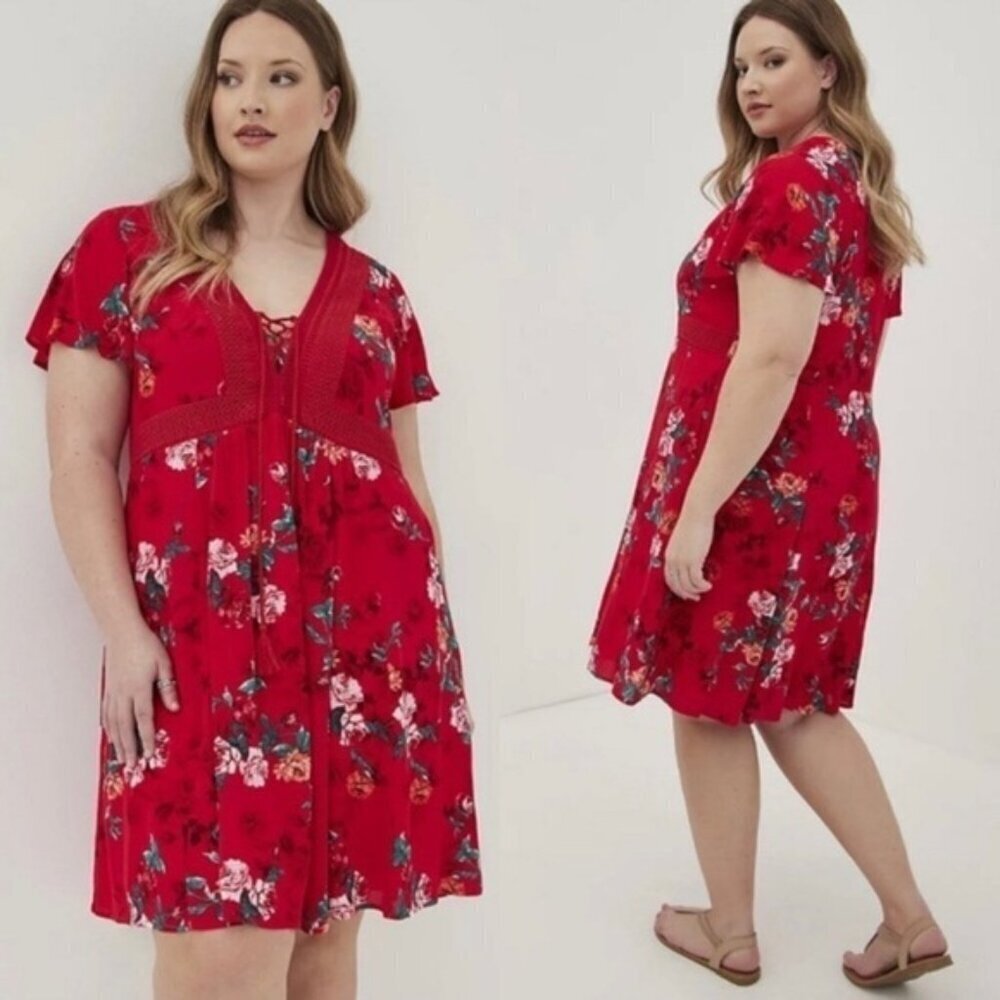 NWT Torrid Flutter Sleeve Lace-Up Skater Dress Gauze Floral Red Women Size 6X‎